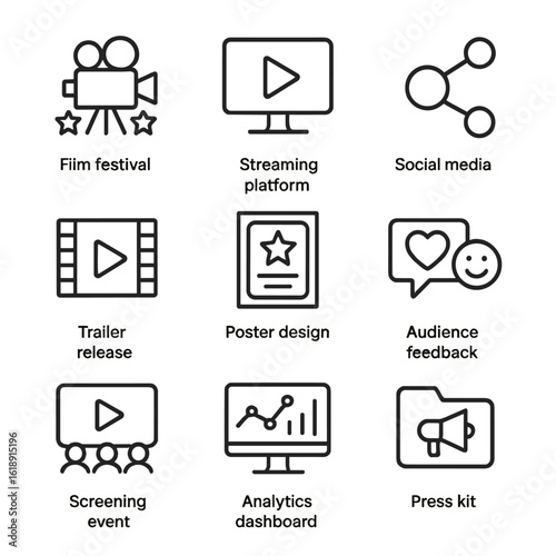 Distribution Icon Set. Outline icon set of distribution and promotion: film festival, streaming platform, social media share,