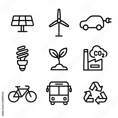 Eco Solutions Icons. Outline icon set of mitigation strategies: solar panel, wind turbine, electric car silhouette,