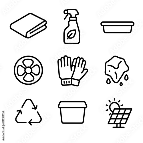 Eco-Friendly Defrost Icons. Outline icon set of eco-friendly defrost cleaning: reusable cloth, biodegradable cleaner bottle, water