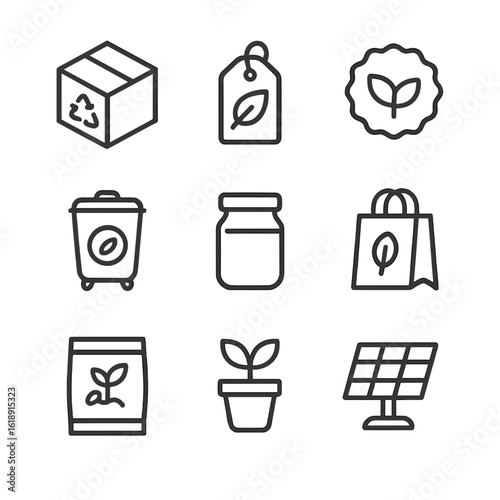 Eco-Friendly Icon Set. Outline icon set of eco-friendly packaging symbols: recyclable box, leaf tag, biodegradable badge, compost