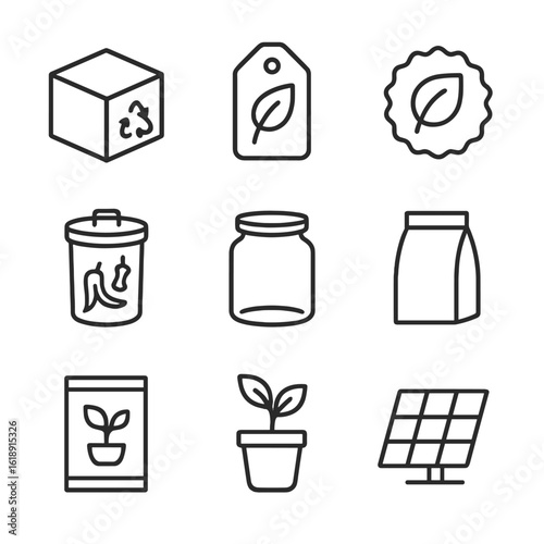 Eco-Friendly Icon Set. Outline icon set of eco-friendly packaging symbols: recyclable box, leaf tag, biodegradable badge, compost