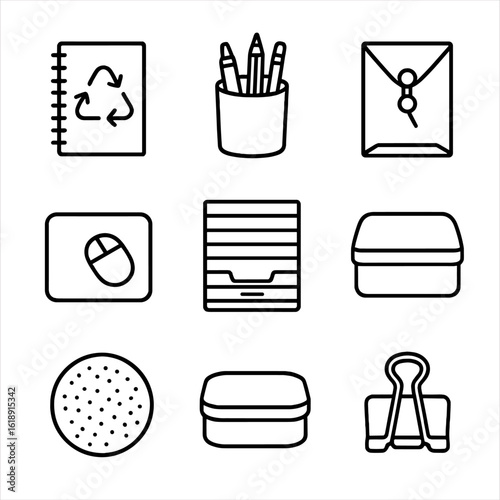 Eco-friendly Office Icons. Outline icon set of eco-friendly office supplies: recycled paper notebook, cardboard pen holder, glass