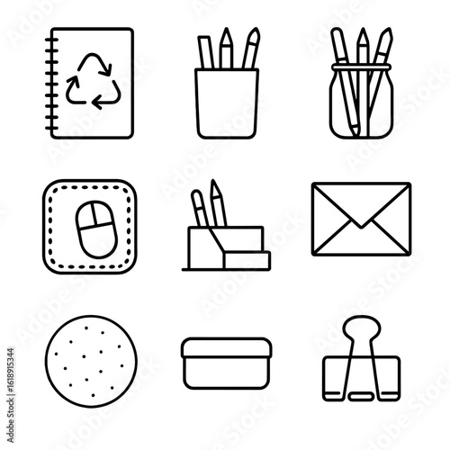 Eco-friendly Office Icons. Outline icon set of eco-friendly office supplies: recycled paper notebook, cardboard pen holder, glass