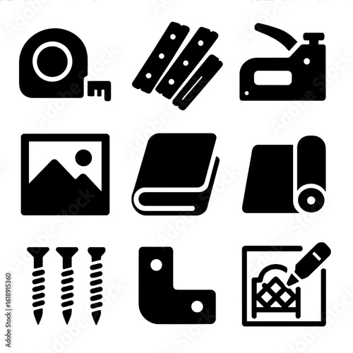 DIY Headboard Icons. Solid, filled icons set of DIY statement headboard ideas: measuring tape, wooden slats,