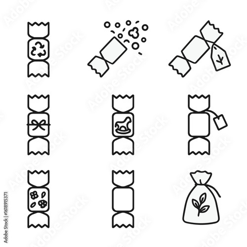 Eco-Friendly Icon Set. Outline icon set of eco-friendly crackers: recycled paper tube, biodegradable confetti, seed paper slip,