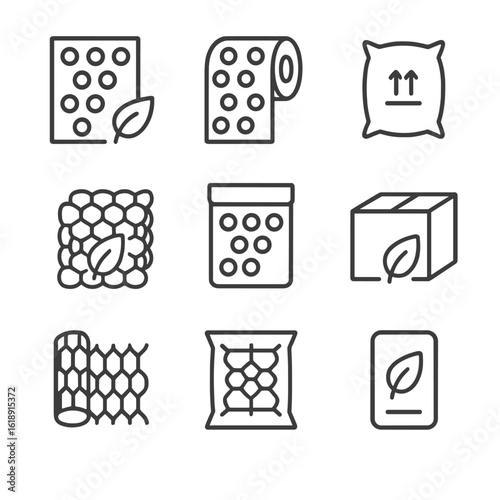 Eco-Friendly Packaging Icons. Outline icon set of sustainable cushioning alternatives: biodegradable bubble wrap sheet, recycled