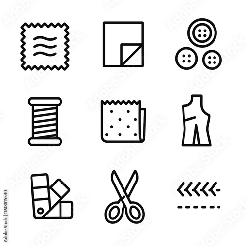 Fabric Selection Icons. Outline icon set of fabric and materials selection: fabric swatch, lining sample, button collection, spool