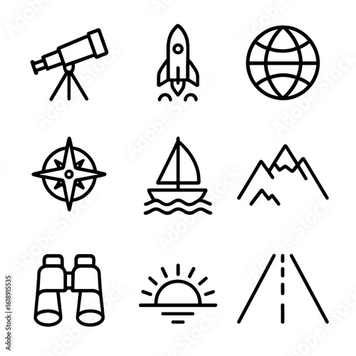 Exploration Icons Set. Outline icon set of exploring new horizons: telescope, rocket launch, globe, compass rose, sailboat on