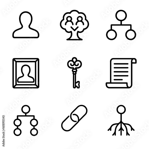 Family Tree Icons. Outline icon set of family tree visualization: ancestor silhouette, branching tree, pedigree chart, photo frame