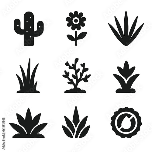 Drought-Resistant Plant Icons. Solid, filled icons set of native and drought-resistant plants: cactus icon,