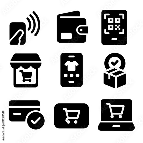 E-commerce Icon Set. Solid, filled icons set of e-commerce and mobile payment tech: NFC pay icon, digital