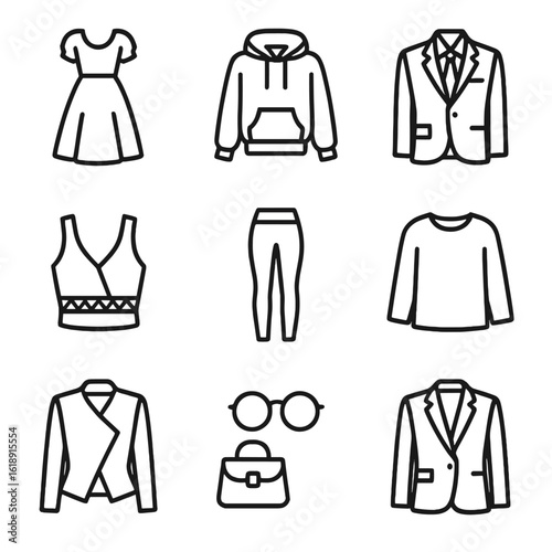 Fashion Icons Grid. Outline icon set of styling themes mood board: vintage dress, streetwear hoodie, formal suit, boho top,