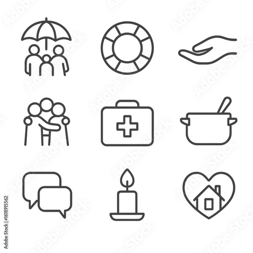 Family Resilience Icons. Outline icon set of family resilience together: umbrella shielding family figures, lifebuoy support ring,