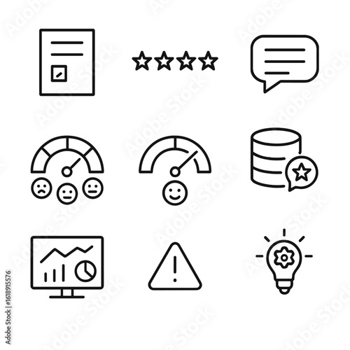 Feedback Analysis Icons. Outline icon set of customer feedback analysis: feedback form, star rating, comment bubble, sentiment