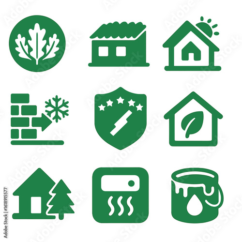 Eco Building Icons. Solid, filled icons set of green building certifications and features: LEED logo, green