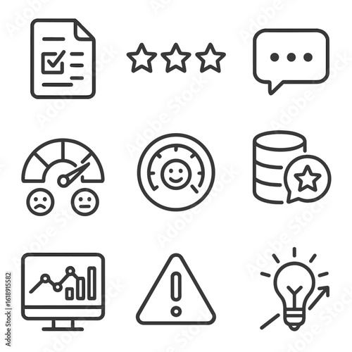 Feedback Analysis Icons. Outline icon set of customer feedback analysis: feedback form, star rating, comment bubble, sentiment