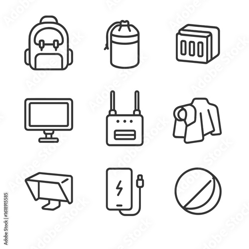 Field Production Kit Icons. Outline icon set of field production kits: camera backpack, lens pouch, battery pack, portable monitor