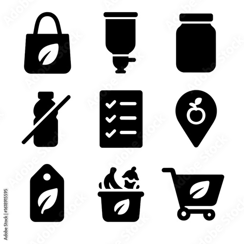 Eco Grocery Icons. Solid, filled icons set of eco-conscious grocery habits: reusable bag, bulk bin icon,