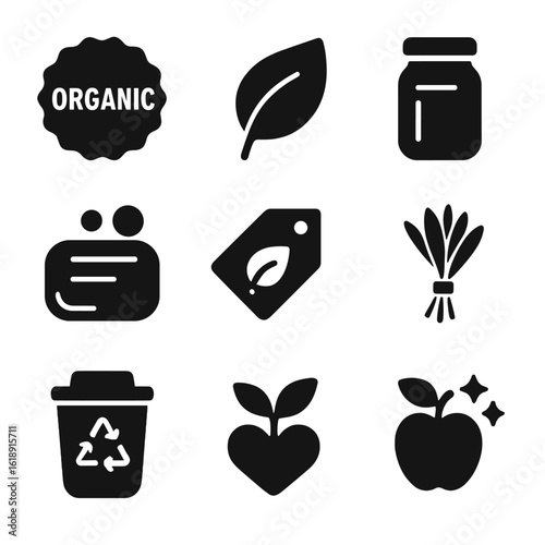 Eco-Friendly Icon Set. Solid, filled icons set of organic product stalls: organic label, green leaf, reusable