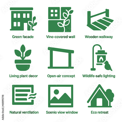 Eco-Friendly Accommodation Icons. Solid, filled icons set of nature integration in green accommodations: green