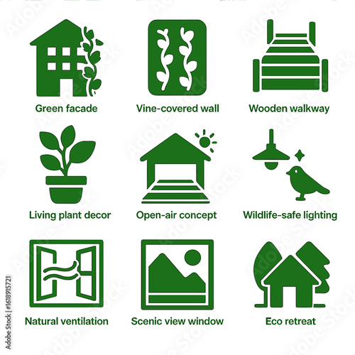 Eco-Friendly Accommodation Icons. Solid, filled icons set of nature integration in green accommodations: green