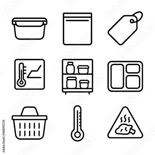 Food Preservation Icons. Outline icon set of post-defrost food preservation: sealed container, freezer bag, labeling tag,
