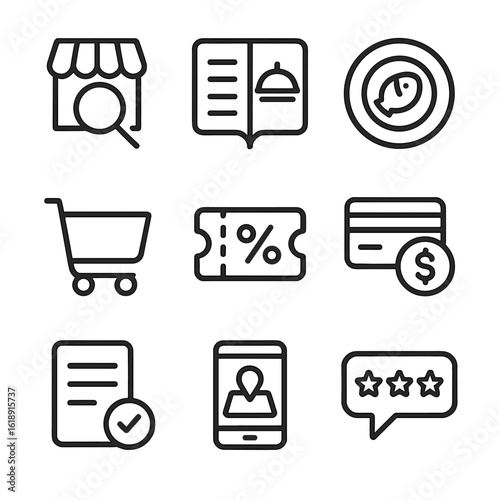Food Ordering Icons. Outline icon set of food ordering interface: search restaurant, view menu, select dish, add to cart, apply