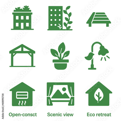 Eco-Friendly Design Icons. Solid, filled icons set of nature integration in green accommodations: green facade