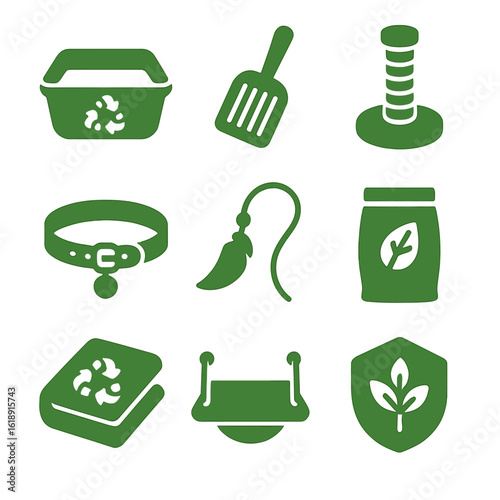 Eco-Friendly Cat Icons. Solid, filled icons set of green cat care items: recycled litter box, natural litter