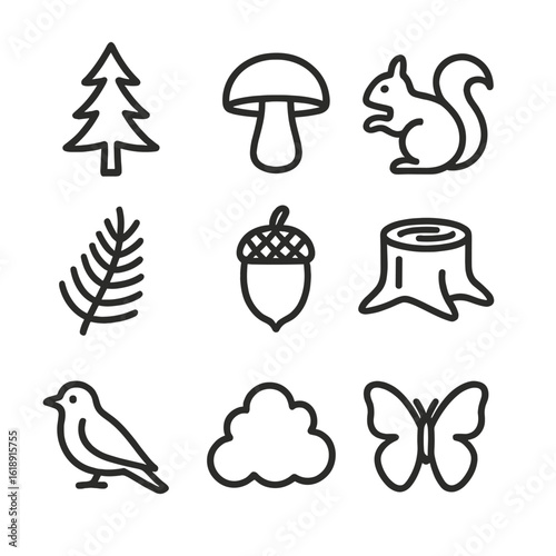 Forest Icon Set. Outline icon set of forest trails: pine tree, mushroom, squirrel, fern leaf, acorn, tree stump, bird silhouette,