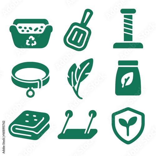 Eco-Friendly Cat Care Icons. Solid, filled icons set of green cat care items: recycled litter box, natural