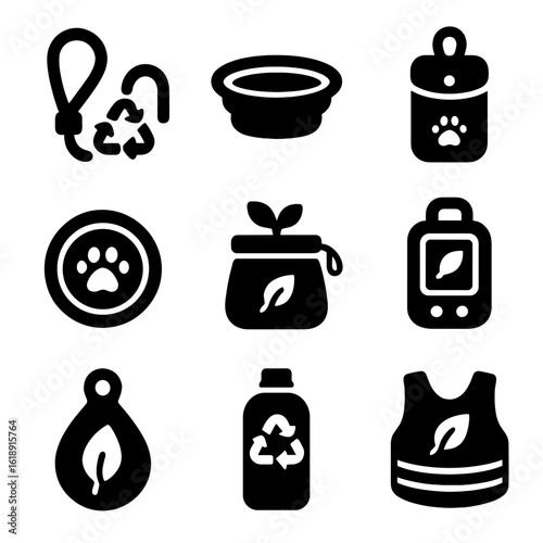 Eco-Friendly Dog Walking. Solid, filled icons set of sustainable dog walking essentials: leash made from