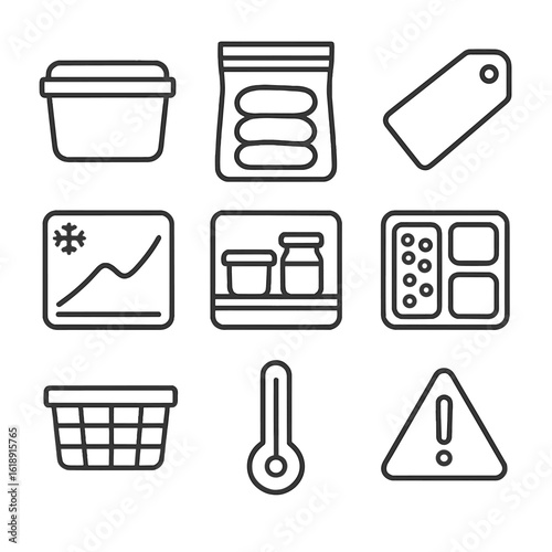 Food Preservation Icons. Outline icon set of post-defrost food preservation: sealed container, freezer bag, labeling tag,