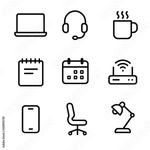 Freelance Workspace Icons. Outline icon set of freelancing workspace essentials: laptop, headset, coffee mug, notepad, calendar,