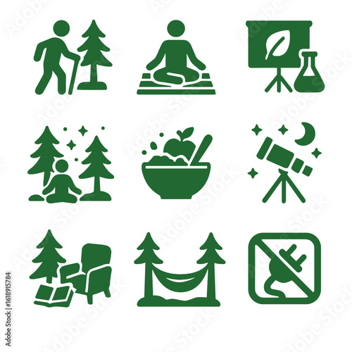 Eco-Friendly Experience Icons. Solid, filled icons set of guest experiences in green accommodations: guided