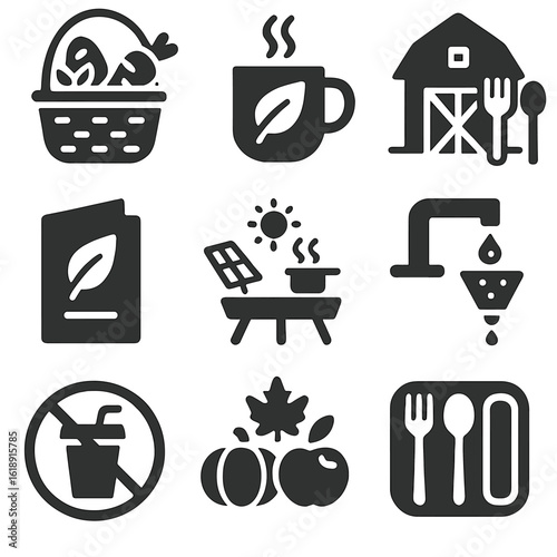 Eco-Friendly Icons Grid. Solid, filled icons set of eco-lodge food and beverage practices: local food basket,