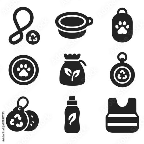 Eco-Friendly Dog Walking Icons. Solid, filled icons set of sustainable dog walking essentials: leash made from