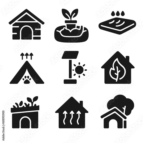 Eco-Friendly Pet Icons. Solid, filled icons set of eco-friendly pet housing: reclaimed wood doghouse, indoor
