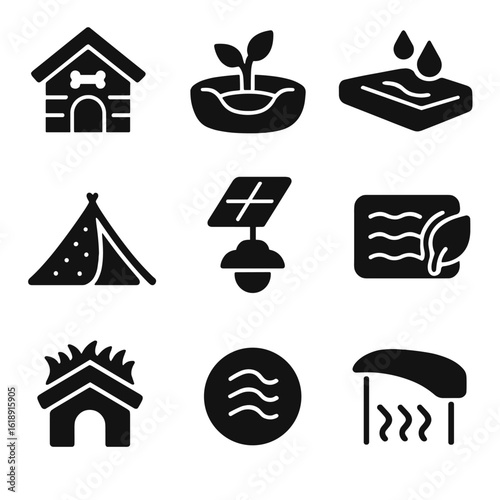 Eco-Friendly Pet Icons. Solid, filled icons set of eco-friendly pet housing: reclaimed wood doghouse, indoor