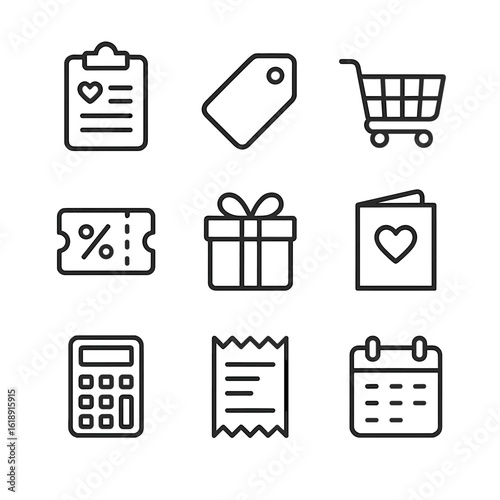 Gift Planning Icons. Outline icon set of gift planning tools: wishlist clipboard, price tag, shopping cart, discount coupon, gift