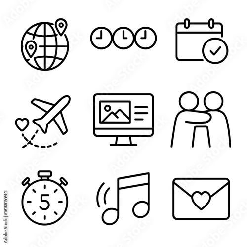 Global Connection Icons. Outline icon set of long-distance connections: globe with pins, time zone clocks, calendar meetup