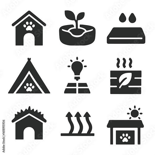 Eco-Friendly Pet Icons. Solid, filled icons set of eco-friendly pet housing: reclaimed wood doghouse, indoor