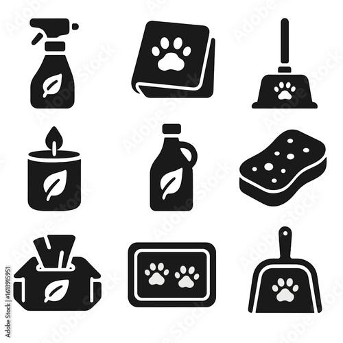 Eco-Friendly Pet Cleaning Icons. Solid, filled icons set of environmentally safe pet cleaning tools: natural