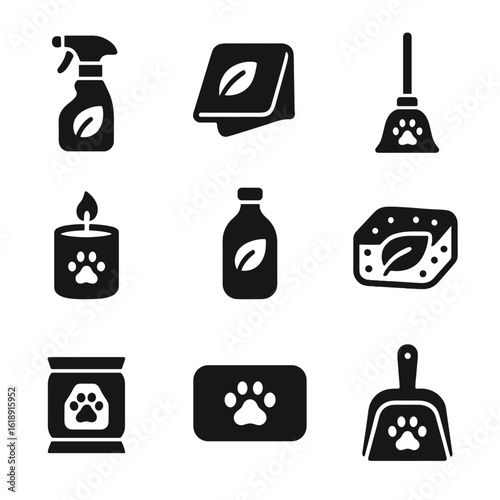 Eco-Friendly Pet Cleaning Icons. Solid, filled icons set of environmentally safe pet cleaning tools: natural