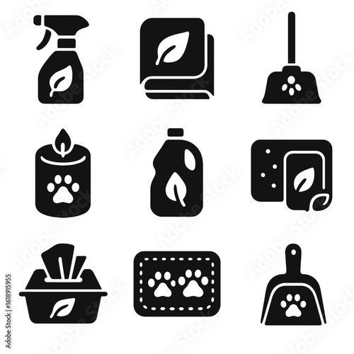 Eco-Friendly Pet Cleaning Icons. Solid, filled icons set of environmentally safe pet cleaning tools: natural