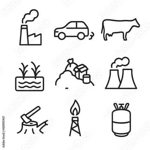 Greenhouse Gas Icons. Outline icon set of greenhouse gas sources: factory smokestack, car exhaust pipe, cattle silhouette, rice