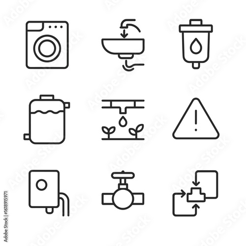 Greywater Recycling Icons. Outline icon set of greywater recycling: laundry outlet, sink drain diverter, treatment filter, storage
