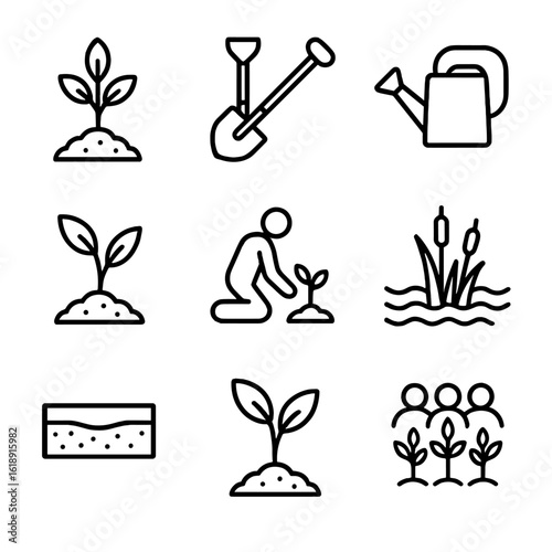 Habitat Restoration Icons. Outline icon set of habitat restoration efforts: tree seedling, shovel and spade, watering can, native