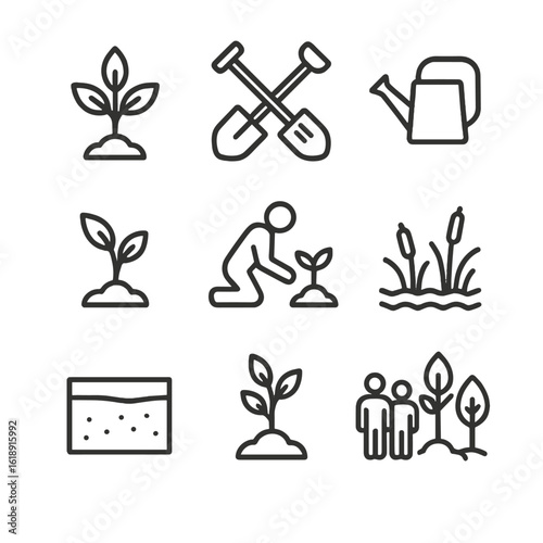 Habitat Restoration Icons. Outline icon set of habitat restoration efforts: tree seedling, shovel and spade, watering can, native
