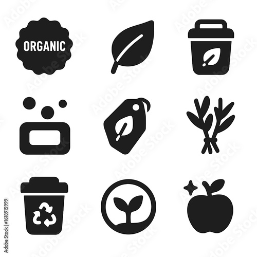 Eco-Friendly Icon Set. Solid, filled icons set of organic product stalls: organic label, green leaf, reusable